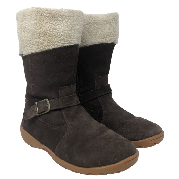 MERRELL Mimosa Harvest Suede Winter Boots Kids Sz 5 Chestnut Brown Buckle Sherpa - Picture 1 of 16